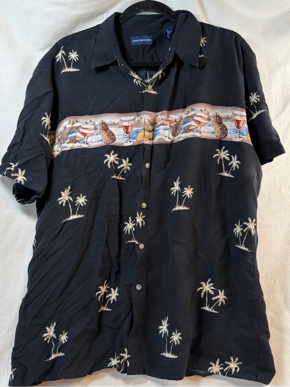 Hawaiian Shirt Mens XL Black Palm Tree Rayon Aloha Camp Button Up John Ashford